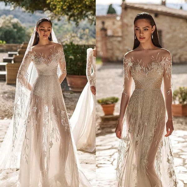Classic A Line Wedding Dress For Women Sheer Neck Long Sleeves Bridal Gown Sequins See Through Sweep Train Dresses Custom Made vestidos de novia