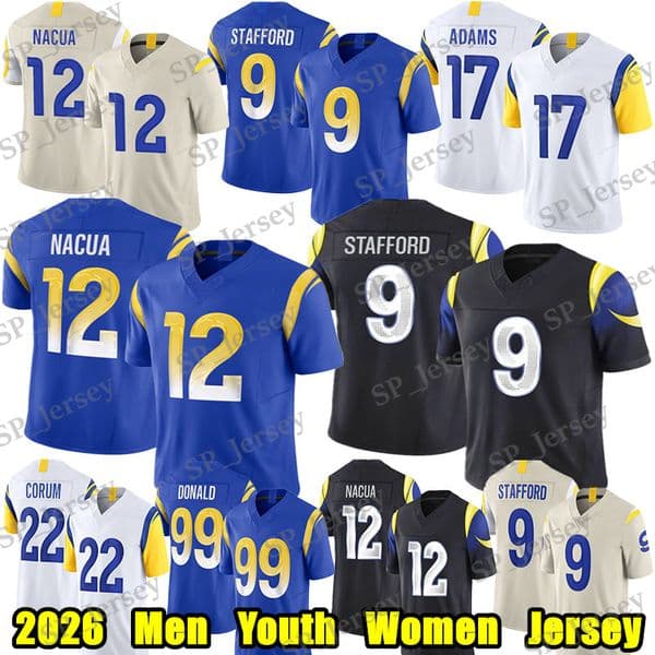 #9 Matthew Stafford Football Jersey #12 Puka Nacua Davante Adams Aaron Donald Kyren Williams Jared Verse Jimmy Garoppolo Joshua Karty Jarquez Hunter Ferguson jerseys