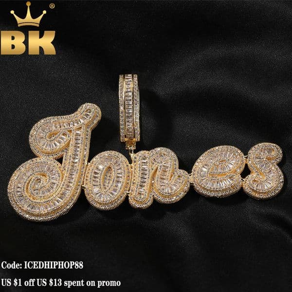 TBTK Custom Baguettecz Cursive Letter Name Pendant Iced Out Cubic Zirconia Personalized Chain Necklace Hiphop Jewelry w251121