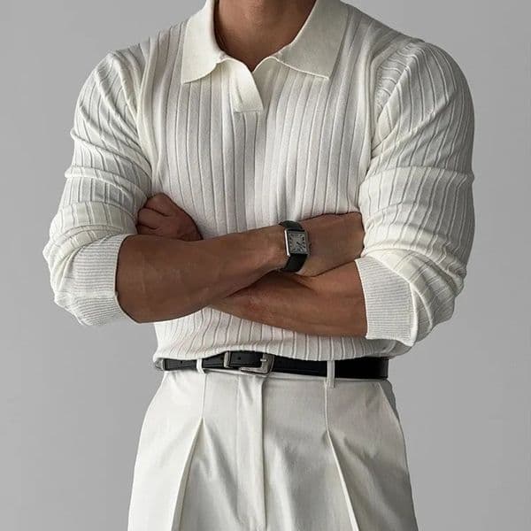 Mens Fashion V-neck Knitted Jacquard Polo Shirt Solid Color Long-sleeved Korean Leisure Knitwear 2025 Autumn 251126