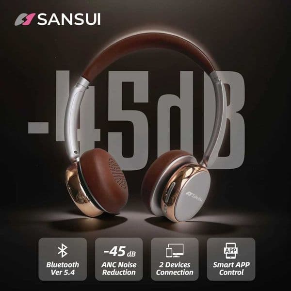 Sansui Wireless Retro Headphone ANC Earphone -45dB Active Noise Canceling Headband Headphones Dual Connection with APPM251126