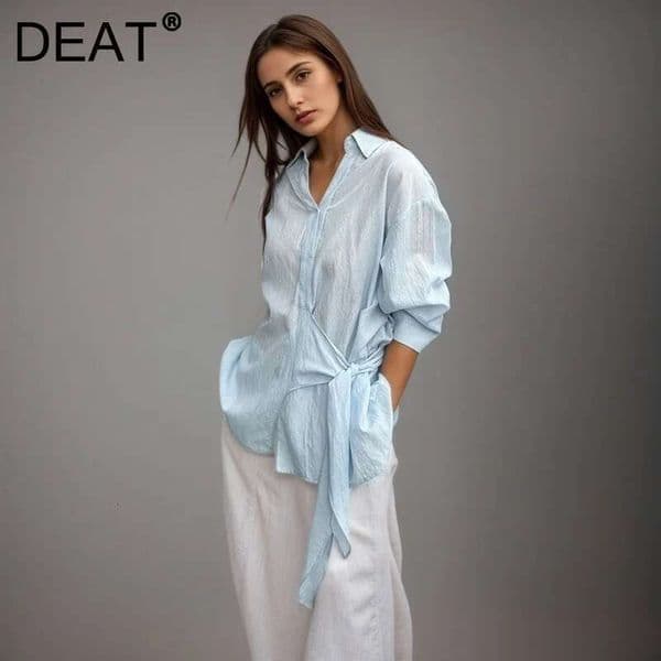 DEAT Fashion Lyocell Yellow Irregular Strap Up Shirt Women's Lapel V-Neck Loose Long Sleeves Sunscreen Blouse Summer New 7Ab9149