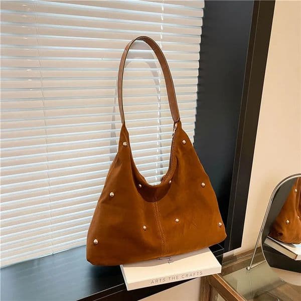Simple Thread Women Faux Suede Shoulder Bags Rivet Large Capacity Ladies Handbags Female Underarm Tote Bag 251126
