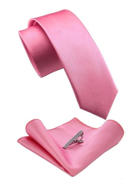 24 Solid Color Skinny Mens Ties Pink Silk Necktie Pocket Square Clip Set Neckties For Man Accessories Wedding Party 251126