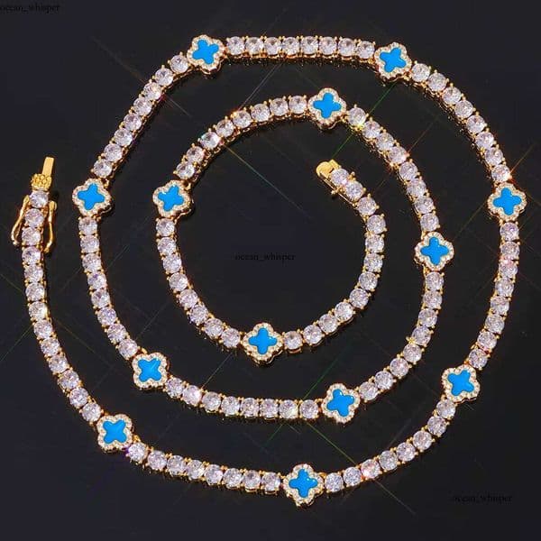 ESKEEM Four-Leaf Clover Tennis Necklace Platinum Plated 18k Iced VVS Moissanite Oil Drop Design GRA 14k Boutique Hip-Hop Jewelry