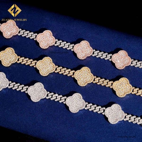 Luxury Jewelry Vvs Moissanite 925 Sterling Silver Rose Gold Plated Lucky Clover Four-Leaf Flower Fashion Bracelet 86