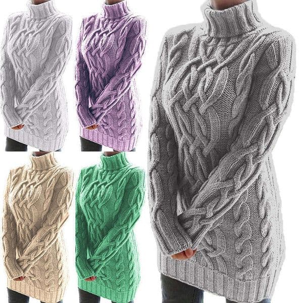 Autumn Winter New European and American Cross-Border Knitted Sweater Thickened Turn-Down Collar Long Sleeve Retro Thick Yarn Dress Women's Clothing