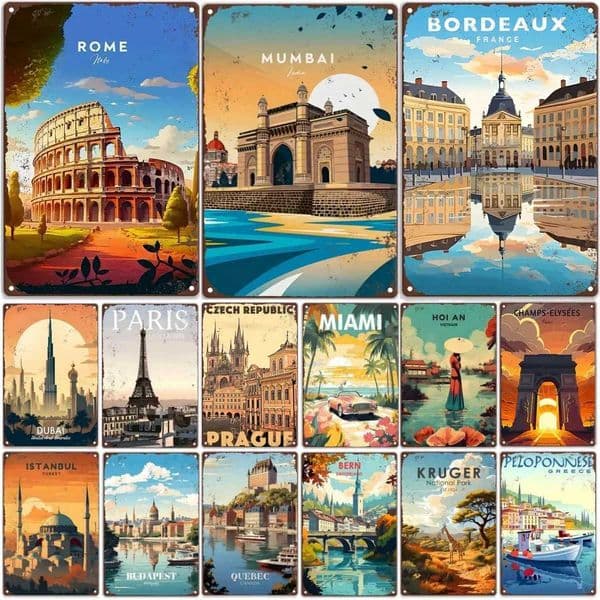 Retro Metal Sign Travel Round The WorldROMEFRANCEMUMBAI Vintage Art PosterHomeBarRoompubHotelCafeClub Wall Decor Gift Y251127