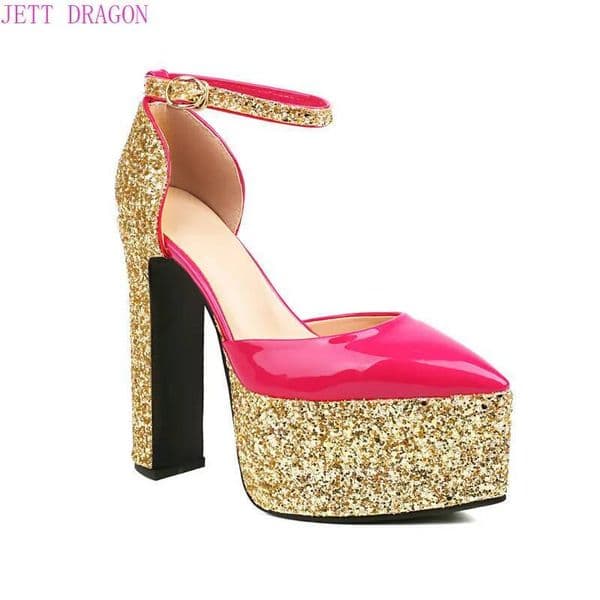 Ddmyoutdoor Genuine Sheepskin Leather Insole Glitter Bling Shiny Gold Women Party Thick High Heels Shoes Summer Platform Mary Janes Sandals Outdoor Shoes