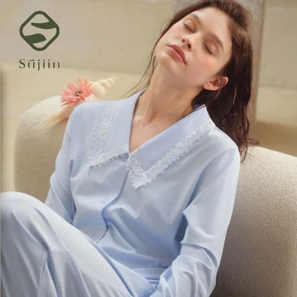 SUJIIN Modal Pajama Sets for Women 2 Piece Long Sleeve Lace Spliced Pjs Casual Loose Sleepwear Loungewear Set SH008 251126BJ