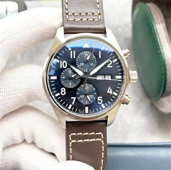 U1 Top AAA Luxury Pilot Watch Mechanical Automatic Day/Date Portugieser Chronograph Full Luminous Domed Leather Black Dial Hands Designer Military Wristwatches