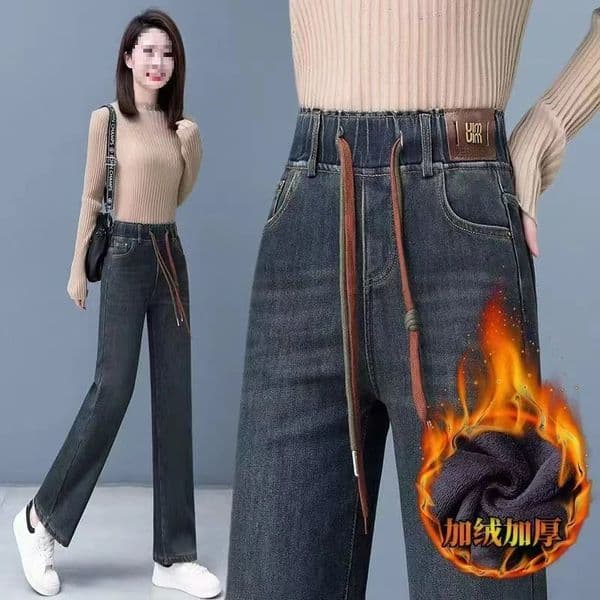 Loose Fit Wide Leg Straight Jeans with Elastic Waist and PlusVelvet for Autumn Winter 251126BJ