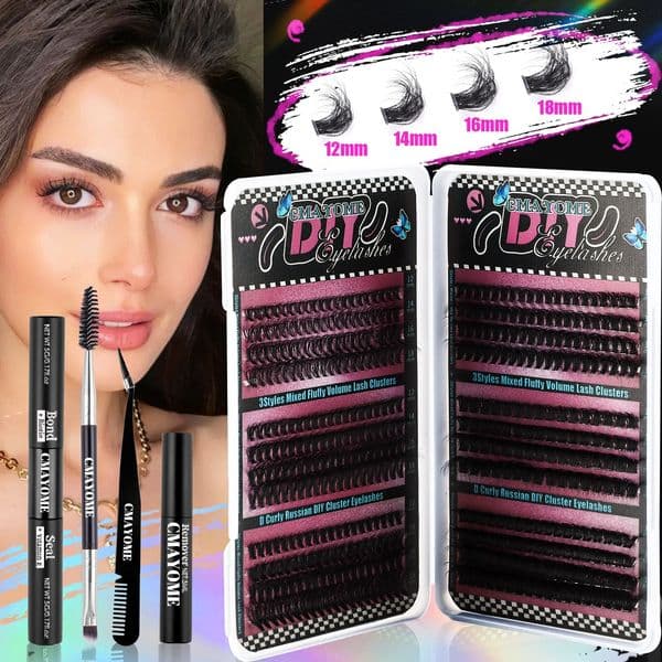 DIY Eyelash Extensions 456Pcs DIY Cluster Lashes Kit with Lash Bond and Seal Remover Thick Fluffy Individual Eyelashes Handmade Reusable Curling Grafted Lashes