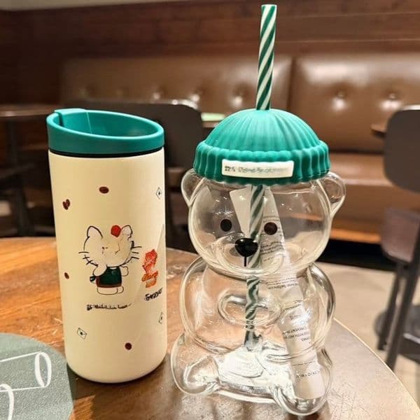 US Stock Glass Bear Cup Bearista Cat Cup Insulated Stainless Steel Water Bottle 20oz/500ML Thermal Hot and Cold Cup 2025 Limited Christmas Gift