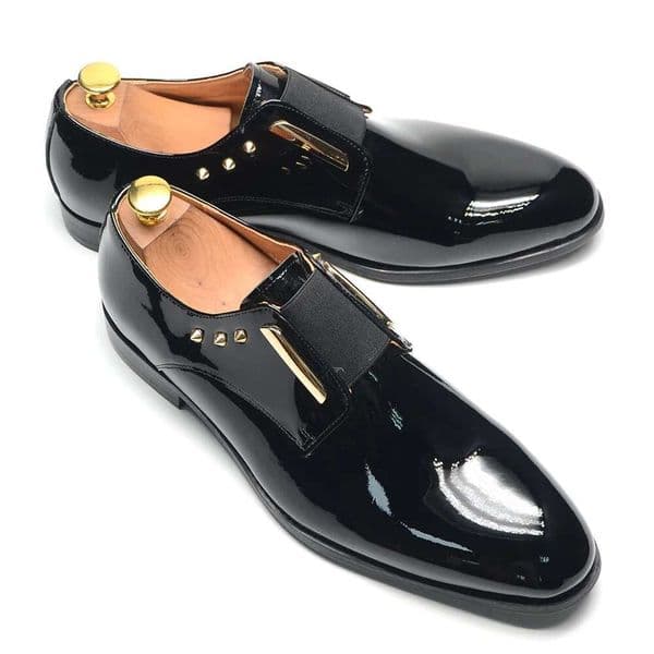 Men's Party Evening Dress Shoes 2024 Natural Cowhide Patent Leather Gold Rivets Suits Loafers Elastic Band Slip-On Derby
