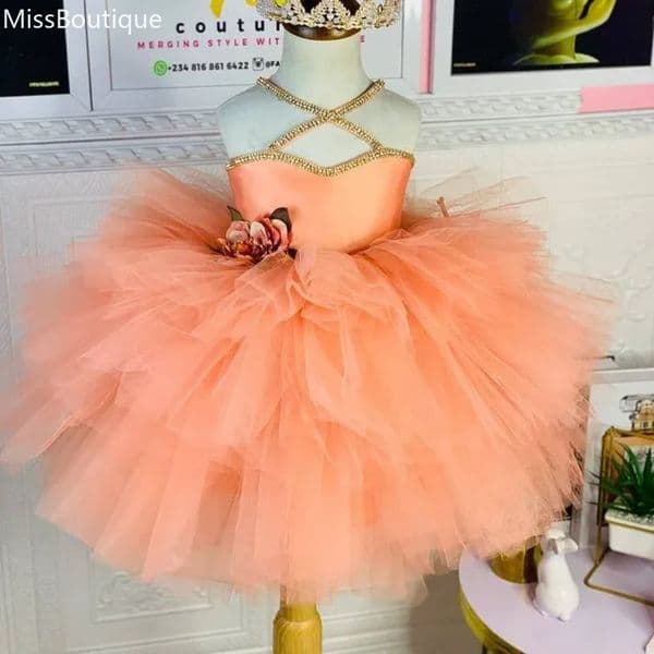 Lovely Orange Crystals Tutu Flower Girl Dresses Ball Gown Knee Length Tulle Lilttle Kids Birthday Pageant Wedding Gowns puffy 1127