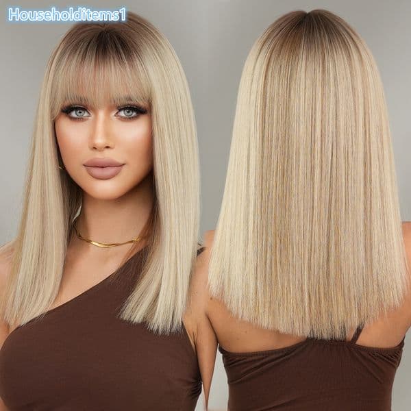 Halloween Hot Sale Ombre Blonde Wig with Bangs Middle Length Straight Wig for Women Soft Natural Synthetic Heat Resistant Hai
