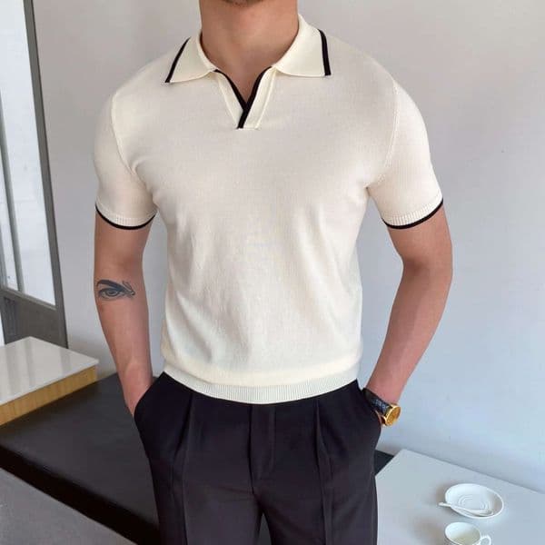 Men's Elbow-Sleeved T-Shirt Fashion Collar Slim-Fit Men Clothing Woolen Sports Polo Tee Man Golf Shirt EUR