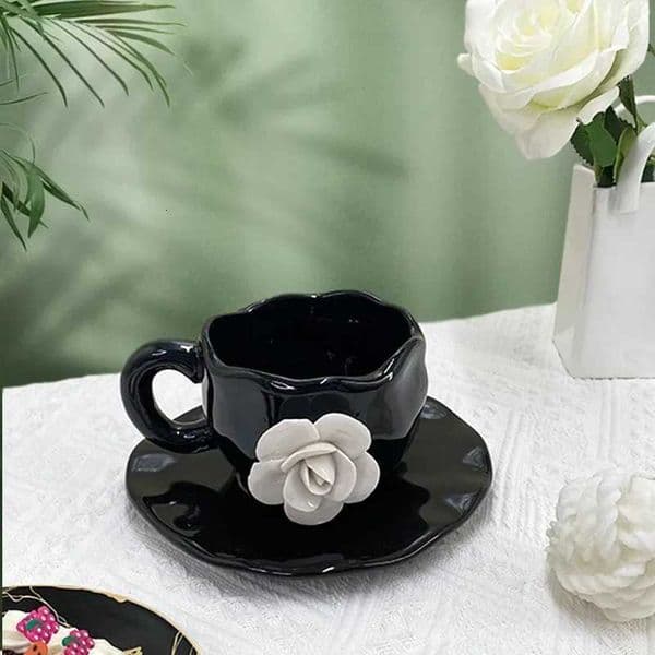Designer Cup Petal Coffee Ceramic Mug coffee mug Creative Hand-Pinched White Rose Design - 3D Afternoon Tea Cup With Saucer C2511278 Tea