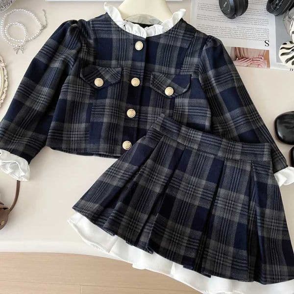 Girls Set Plaid Small Fragrant Sle Two-piece Set 2025 Spring New High-end Childrens Slish Suit SkirtXJ251127