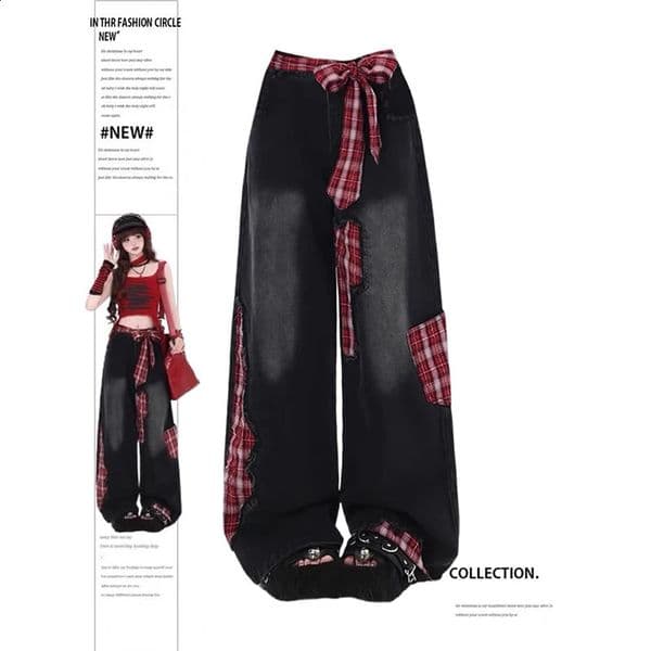 Female Trendy Jeans Grunge Japanese Harajuku Y2K Bagged Denim Pants Netpunk Hip pop 2000s Aesthetic Plain Patchwork Trouser Tomboy 250422