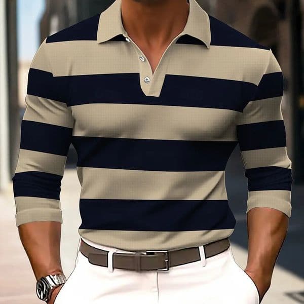 Mens Striped Rugby Long Sleeve Polo Shirt Lapel Shirt Sports Casual Outdoor Office Daily Wear Button Spring Autumn Winter 251126BJ