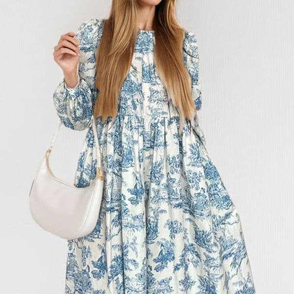 2025 Women's Fashion New Printed Skirt Elegant Lantern Sleeve V-neck Big Swing Dress
