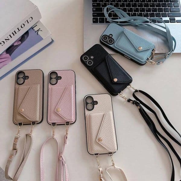 Card Pocket Litchi Skin Leather Phone Case for iPhone 16 15 14 13 12 11 Pro Max X Xs Xr 8 7 Plus Protection Cover with Strap