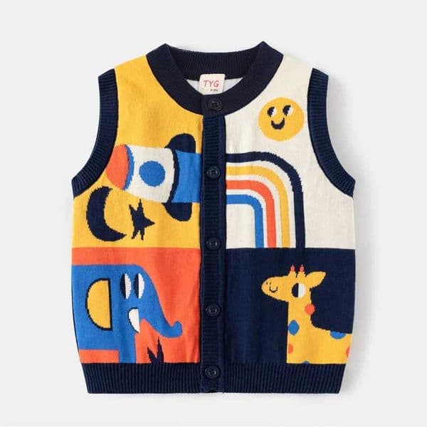 2026 New Autumn Spring Boy Girl Rocket Giraffe Cardigan Stitch Kid Clothing Sleeveless Buttons Baby Costume 2-6Y Children Sweater Designer