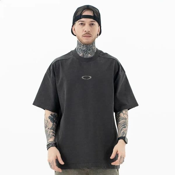 SUP Mens Wear 2024 Spring Summer Trendy Oak Embroidery American Style Heavy Washing Distressed Short Sleeves T-Shirt 250421
