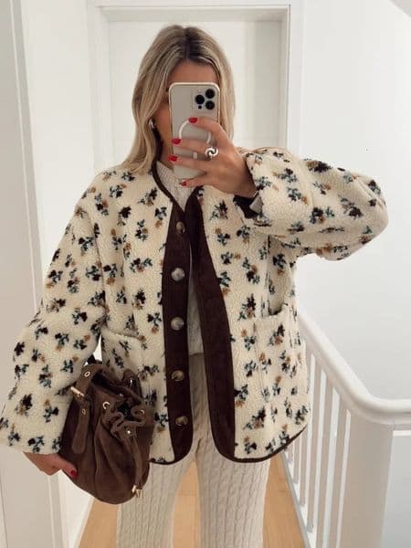 Casual Printed Short Fleece Jacket Women Fashion Round Neck Single Breasted Pocket Loose Jackets Lady Daily Commute Office Coat 251127