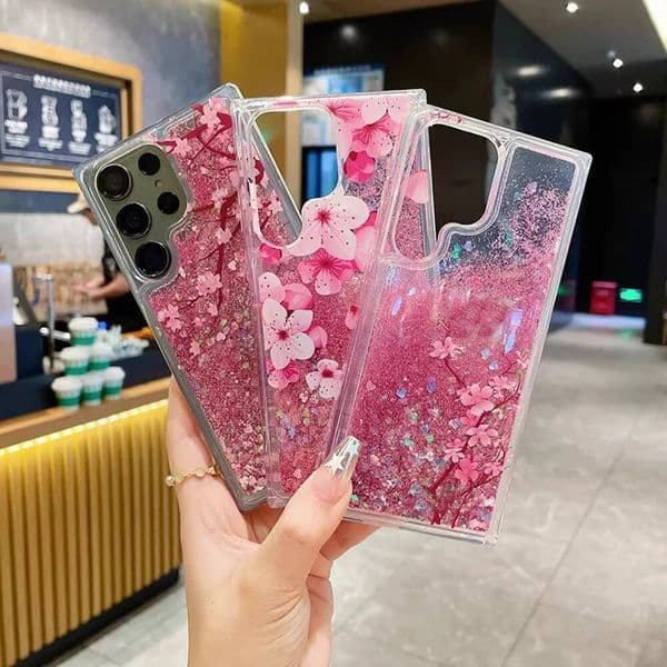 S25 Case Floating Glitter Liquid Bling Flower Patterned Cover For Samsung S24 Ultra S23 Plus S22 S21 Note 20 Funda Coque Capa