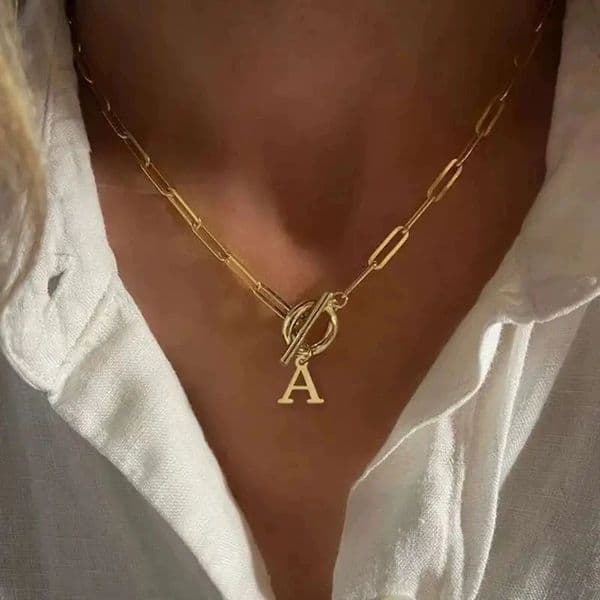 English Letter Initial Necklace 18K Gold Plated Stainless Steel OT Clasp Paper Clip Chain for Women 251125