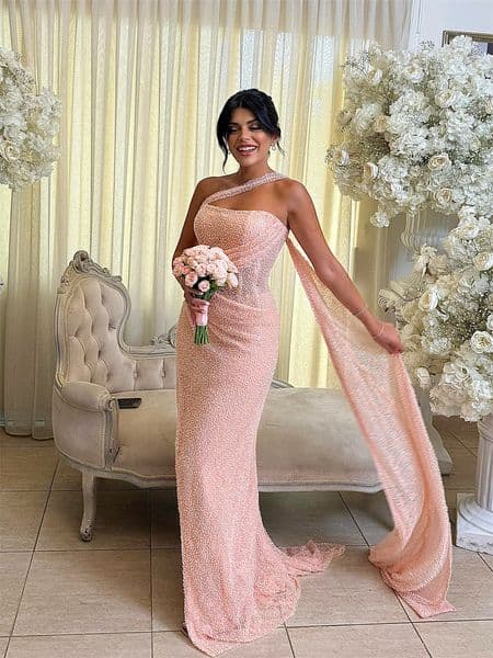 Pink Side High Split With Shawl Bridesmaid Dress Mermaid Sleeveless Vestidos De Noche Floor-Length Engagement Party Gown