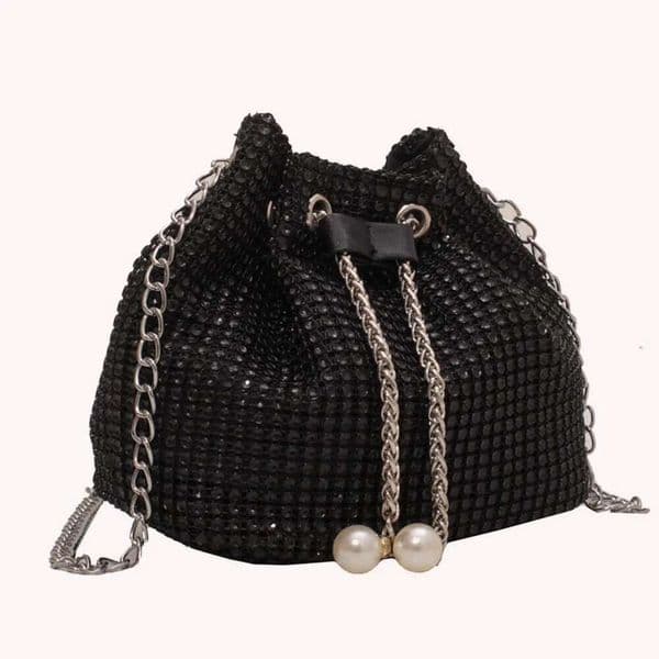 Women Shoulder Solid Color Rhinestone Glittering Satchel Drawstring Shinny Sling Purse Dinner Party Bag Bag