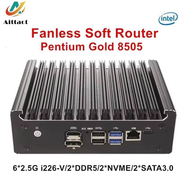 Fanless Soft Router Intel U300 Pentium Gold 8505 Mini PC 6xi226-V 25G DDR5 DDR4 NVMe SATA Proxmox/pfSense Firewall Appliance