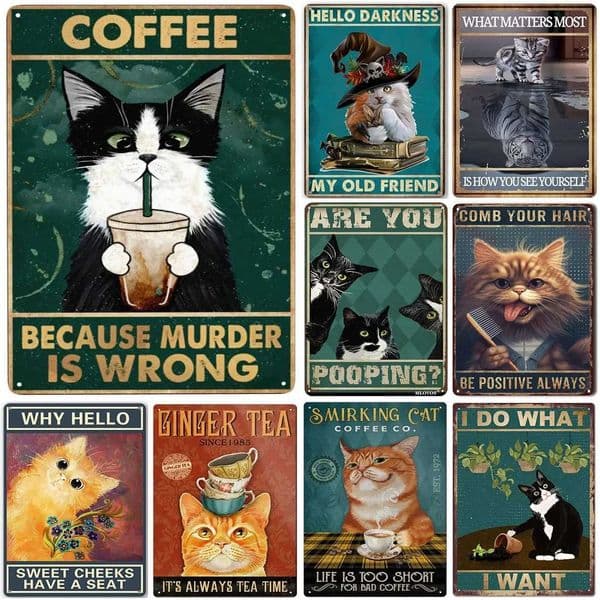 Retro Cat Coffee Metal Sign Vintage Kitchen Signs Wall Decor Because Murder Is Wrong Funny Signs Bar Decorations Art Poster Y251127