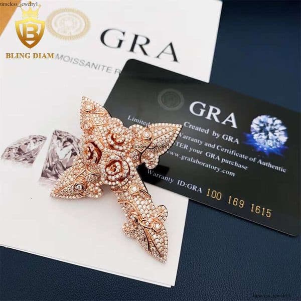 In Stock Fashion Hip-Hop Jewelry Rose Flower Cross IGI 18k Pendant GRA 14k Necklace VVS Moissanite 925 Sterling Silver