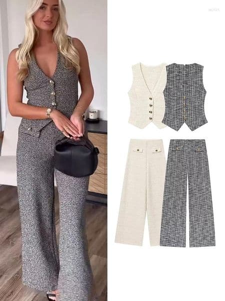 Women's Two Piece Pants TFMLN Office Ladies Pant 2 Pieces Straight Women Fashion Chic Single Breasted Vest Top Casual Elegant Commuter