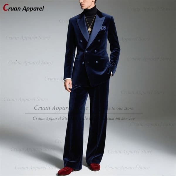 Navy Blue Velvet Double Breasted Suit For Men Evening Dinner Tailormade Fashion Blazer Pants 2 Pieces Elegant Male Slim Fit Set 251124BANJIA