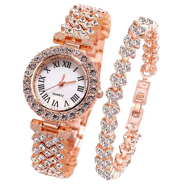 Rose Gold Watch Luxury Rhinestone Fashion Wen Ladies Quartz 2pcs Elegant Diamond Wristwatch Fem Bracelet Set Gift Watches X251128