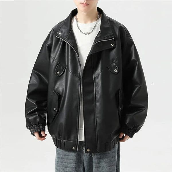 Motorcycle Leather Jacket Men Loose Solid Pu Bomber Outwear Coats Male Casual Streetwear Trun Down Collar Leather Jackets Men 251126