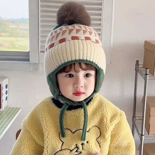 Fluffy Fur Ball Baby Knitted Hat Winter Warm Kids Earmuffs Cap 3-6year Boy Girl Woolen Crochet Bonnet Fashion Children BeaniesW251128