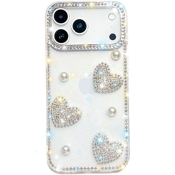 Sparkling Diamond Rhinestone Heart Phone Case iPhone 17 Pro Max Compatible with Apple 16/15 Pro Girly Style Trendy