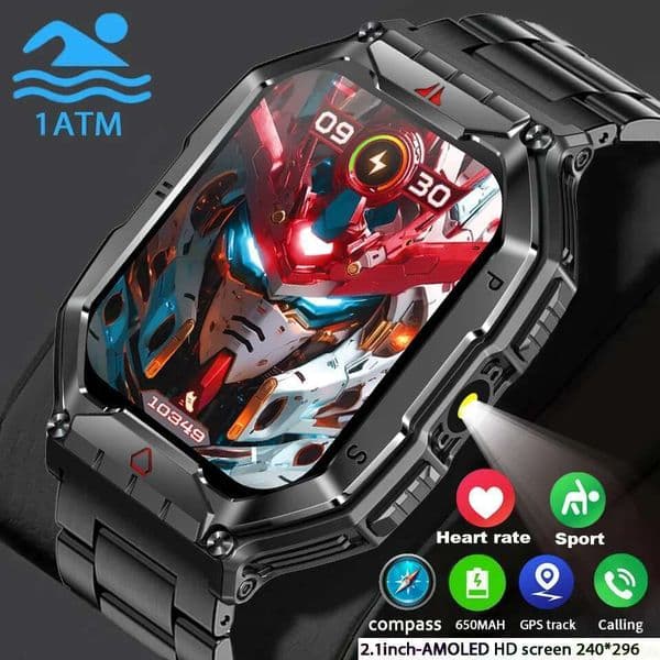 New Red Military 650mAh With LED Flashlight Smart Men Heart Rate BT Call Watch Outdoor Waterproof Smartwatch For Xiaomi