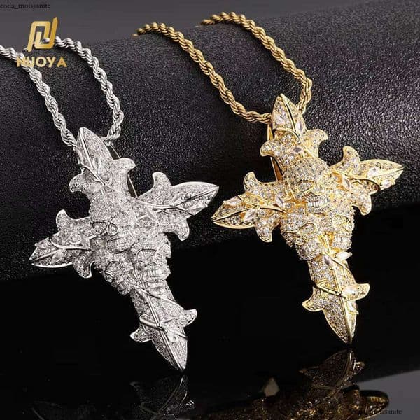 Ice out VVS GRA Moissanite NUOYA Hip Hop Jewelry Iced 18K Out Custom 3D Charm Shiny CZ Moissanite Rose 14K Flower Cross Pendant for Men Women