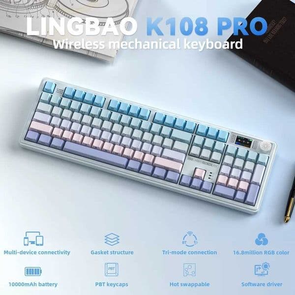 LINGBAO K108pro Mechanical Keyboard Tri-mode Korean Letters Macaron Color PBT Keycap 10000mAh Large Battery for Computers for PCM251128
