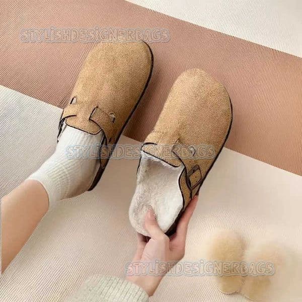 Womens Fleece Lined Anti-Slip Thick Boomed Slip-On Birkenstock Style Clog Slippers Korean Style Microfiber Leather PVC Sole H251208