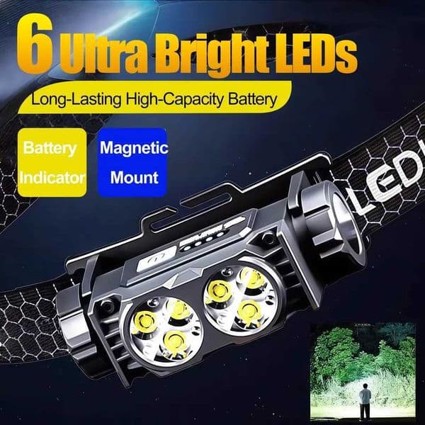 Outdoor Exploration 6 Core Headlamp LED System Rechargeable Design Waterproof Construction Lightweight for Long ExpeditionsW251128