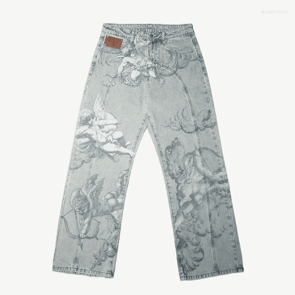 Y2k Retro Baggy Trendy Cupid Angel Pattern Men Women Pants Hip Hop Streetwear Unisex Casual Straight Leg Jeans